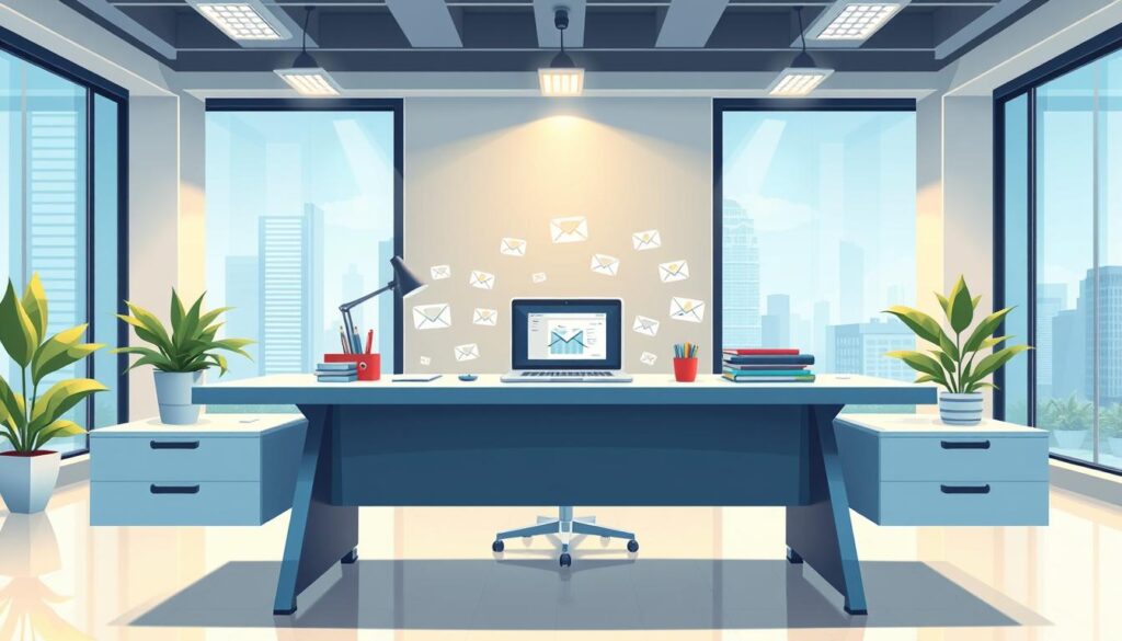 A bright, modern office interior with a prominent desk showcasing various email marketing service icons and UI elements. Sleek, minimalist design with clean lines and a color palette of blues, grays, and whites. Soft, directional lighting casts a warm glow, highlighting the desk's features. On the desk, a laptop, various digital devices, and stationery items create a professional, technology-focused atmosphere. The background features tall windows overlooking a cityscape, adding depth and a sense of an urban, connected environment. The overall scene conveys efficiency, productivity, and the cutting-edge nature of contemporary email marketing services. A bright, modern office interior with a prominent desk showcasing various email marketing service icons and UI elements. Sleek, minimalist design with clean lines and a color palette of blues, grays, and whites. Soft, directional lighting casts a warm glow, highlighting the desk's features. On the desk, a laptop, various digital devices, and stationery items create a professional, technology-focused atmosphere. The background features tall windows overlooking a cityscape, adding depth and a sense of an urban, connected environment. The overall scene conveys efficiency, productivity, and the cutting-edge nature of contemporary email marketing services.