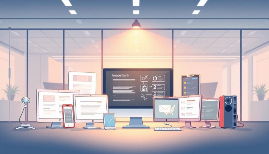 Discover the Top Email Marketing Software for 2023 9 A gleaming array of digital tools, each with its distinct purpose, stands before a backdrop of a sleek, modern office. Soft lighting casts a warm glow, highlighting the intuitive interfaces and powerful features of the latest email marketing software. In the foreground, a stylized, minimalist composition showcases the essential elements, inviting the viewer to explore the capabilities of these cutting-edge technologies. The image exudes a sense of professionalism, efficiency, and the promise of seamless digital communication, perfectly capturing the essence of the "Discover the Top Email Marketing Software for 2023" section.