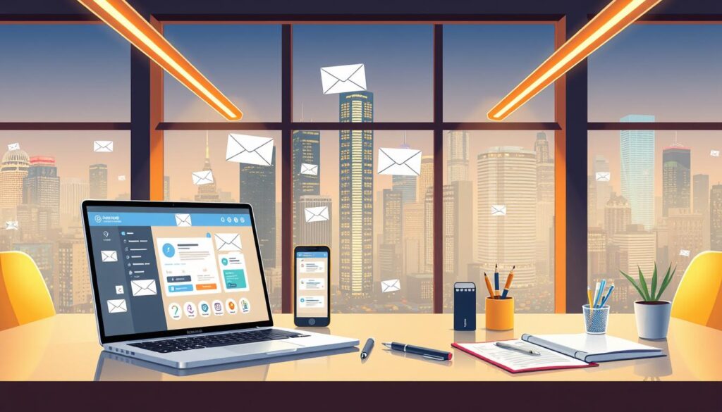 A high-quality, digital illustration of a sleek and modern office workspace showcasing various email automation tools. In the foreground, a laptop and smartphone display email software interfaces, surrounded by icons and UI elements. In the middle ground, a desk with a pen, notepad, and other productivity accessories. The background features large windows overlooking a bustling cityscape, bathed in warm, natural lighting. The overall scene conveys a sense of efficiency, organization, and the power of technology to streamline communication and boost productivity.