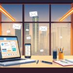Unlock Productivity with These Powerful Email Automation Tools 3 A high-quality, digital illustration of a sleek and modern office workspace showcasing various email automation tools. In the foreground, a laptop and smartphone display email software interfaces, surrounded by icons and UI elements. In the middle ground, a desk with a pen, notepad, and other productivity accessories. The background features large windows overlooking a bustling cityscape, bathed in warm, natural lighting. The overall scene conveys a sense of efficiency, organization, and the power of technology to streamline communication and boost productivity.