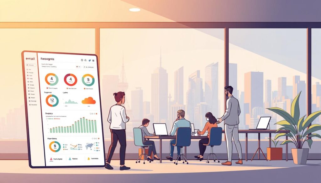 A modern, sleek email marketing platform interface featuring a clean, minimalist design. The foreground showcases a responsive, mobile-friendly dashboard with intuitive analytics and campaign management tools. In the middle ground, a team of designers and marketers collaborate on optimizing email templates and workflows. The background depicts a vibrant city skyline, symbolizing the global reach and impact of the platform. Warm, natural lighting casts a professional, approachable atmosphere. The composition emphasizes efficiency, collaboration, and the power of data-driven email marketing.