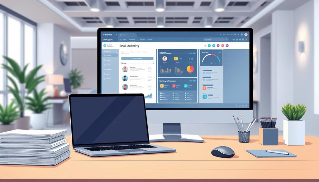 A serene, well-lit workspace with a modern desk featuring a sleek laptop, a professional-grade desktop monitor, and a streamlined mouse and keyboard setup. In the foreground, a neatly organized stack of documents and a stylish desk organizer. The middle ground showcases a polished, high-resolution display depicting a visually appealing email marketing dashboard, showcasing robust analytical tools and campaign management features. The background features a minimalist, softly-lit office environment, with hints of contemporary decor and architectural elements that create a professional, yet inviting atmosphere.