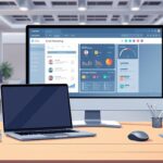 Brevo Review: Powerful Email Marketing Tool 22 A serene, well-lit workspace with a modern desk featuring a sleek laptop, a professional-grade desktop monitor, and a streamlined mouse and keyboard setup. In the foreground, a neatly organized stack of documents and a stylish desk organizer. The middle ground showcases a polished, high-resolution display depicting a visually appealing email marketing dashboard, showcasing robust analytical tools and campaign management features. The background features a minimalist, softly-lit office environment, with hints of contemporary decor and architectural elements that create a professional, yet inviting atmosphere.