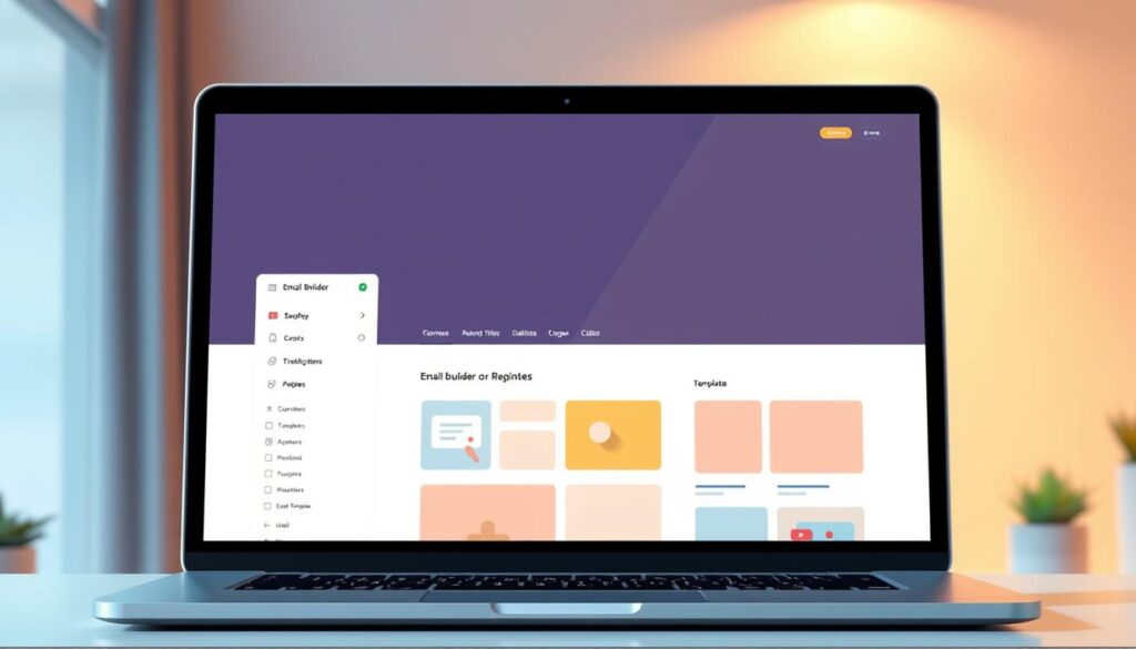 A sleek and intuitive email builder interface, showcasing a clean and modern design. A laptop or desktop computer prominently displayed, with a crisp, high-resolution screen displaying the email builder tools and templates. Soft, directional lighting illuminates the scene, creating a warm and welcoming atmosphere. The background is a minimalist, slightly blurred office or workspace, allowing the email builder to take center stage. The overall composition conveys a sense of simplicity, ease of use, and accessibility - perfect for beginners delving into the world of email marketing campaigns. A sleek and intuitive email builder interface, showcasing a clean and modern design. A laptop or desktop computer prominently displayed, with a crisp, high-resolution screen displaying the email builder tools and templates. Soft, directional lighting illuminates the scene, creating a warm and welcoming atmosphere. The background is a minimalist, slightly blurred office or workspace, allowing the email builder to take center stage. The overall composition conveys a sense of simplicity, ease of use, and accessibility - perfect for beginners delving into the world of email marketing campaigns.
