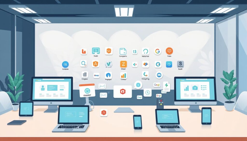 A sleek and modern office environment featuring a variety of marketing automation software tools displayed on a large desk. The foreground showcases several desktop computers, tablets, and smartphones, each running different marketing automation apps with clean, intuitive interfaces. In the middle ground, various software logos and icons are arranged in a visually appealing layout, highlighting the breadth of available solutions. The background features minimalist, well-lit decor with hints of natural light, creating a professional and productive atmosphere. The scene conveys the efficiency and versatility of the top email marketing systems, suitable for an overview of the product landscape. A sleek and modern office environment featuring a variety of marketing automation software tools displayed on a large desk. The foreground showcases several desktop computers, tablets, and smartphones, each running different marketing automation apps with clean, intuitive interfaces. In the middle ground, various software logos and icons are arranged in a visually appealing layout, highlighting the breadth of available solutions. The background features minimalist, well-lit decor with hints of natural light, creating a professional and productive atmosphere. The scene conveys the efficiency and versatility of the top email marketing systems, suitable for an overview of the product landscape.