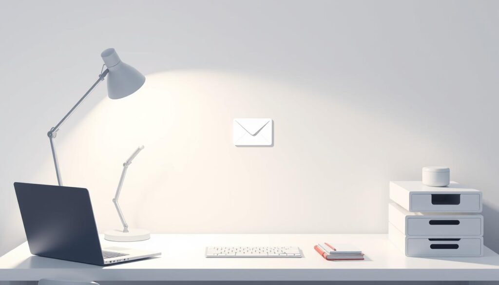A sleek, minimalist workspace with a neatly organized desk, featuring a laptop, a modern desk lamp, and a stylized icon representing email automation. Soft, diffused lighting illuminates the scene, creating a serene and productive atmosphere. The background is a clean, neutral-toned wall, allowing the workspace to take center stage. The overall composition conveys a sense of professionalism, efficiency, and attention to detail - essential elements for a successful email campaign setup. A sleek, minimalist workspace with a neatly organized desk, featuring a laptop, a modern desk lamp, and a stylized icon representing email automation. Soft, diffused lighting illuminates the scene, creating a serene and productive atmosphere. The background is a clean, neutral-toned wall, allowing the workspace to take center stage. The overall composition conveys a sense of professionalism, efficiency, and attention to detail - essential elements for a successful email campaign setup.