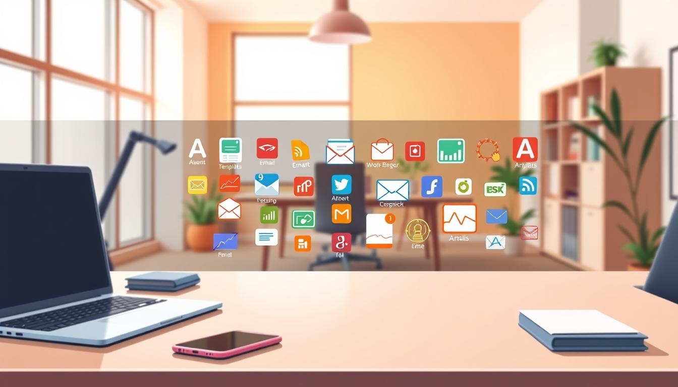 Comprehensive GetResponse Review: Email Marketing Made Easy 1 A sleek, modern office setting with a desk in the foreground, featuring a laptop, a smartphone, and various electronic devices. In the middle ground, a variety of colorful email marketing tool icons and logos are displayed, such as web forms, email templates, and campaign analytics tools. The background is a warm, minimalist, and inviting workspace, with a large window allowing natural light to flood the scene, creating a sense of productivity and professionalism. The overall atmosphere conveys the ease and efficiency of email marketing tools, reflecting the subject of the article.