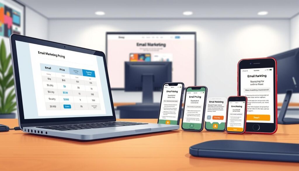 A vibrant and detailed desktop scene showcasing various email marketing pricing plans. A sleek laptop in the foreground displays a web page with a clear price comparison table. In the middle ground, several mobile devices with plan info are arranged neatly. The background features a minimalist office setting with a large monitor displaying a corresponding website. Soft, diffused lighting creates a professional and polished atmosphere. Camera angle is slightly elevated to provide an overview of the scene. The image should convey the comprehensive pricing and subscription options available for an email marketing service. A vibrant and detailed desktop scene showcasing various email marketing pricing plans. A sleek laptop in the foreground displays a web page with a clear price comparison table. In the middle ground, several mobile devices with plan info are arranged neatly. The background features a minimalist office setting with a large monitor displaying a corresponding website. Soft, diffused lighting creates a professional and polished atmosphere. Camera angle is slightly elevated to provide an overview of the scene. The image should convey the comprehensive pricing and subscription options available for an email marketing service.