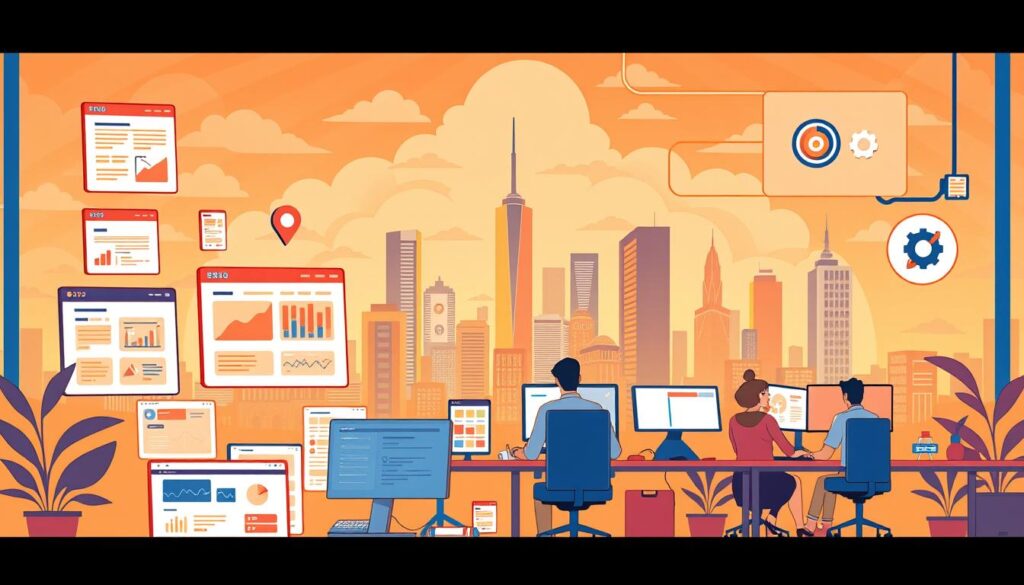 A vibrant and dynamic illustration of HubSpot's marketing automation features. In the foreground, various interactive UI elements like email templates, campaign dashboards, and lead scoring tools are prominently displayed, showcasing the platform's powerful capabilities. The middle ground features a bustling office scene with employees collaboratively using the software, its intuitive interface and seamless workflows evident. In the background, a cityscape with towering skyscrapers and a cloudy sky sets an urban, tech-forward atmosphere. Warm, saturated colors and a clean, modern aesthetic convey the sophistication and effectiveness of HubSpot's marketing automation suite. A vibrant and dynamic illustration of HubSpot's marketing automation features. In the foreground, various interactive UI elements like email templates, campaign dashboards, and lead scoring tools are prominently displayed, showcasing the platform's powerful capabilities. The middle ground features a bustling office scene with employees collaboratively using the software, its intuitive interface and seamless workflows evident. In the background, a cityscape with towering skyscrapers and a cloudy sky sets an urban, tech-forward atmosphere. Warm, saturated colors and a clean, modern aesthetic convey the sophistication and effectiveness of HubSpot's marketing automation suite.
