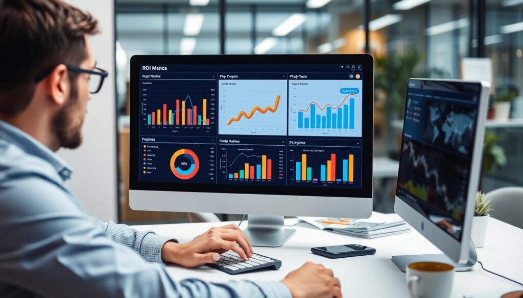 Business professional analyzing ROI metrics for project management tools on a dashboard Business professional analyzing ROI metrics for project management tools on a dashboard