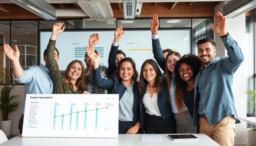 Business team celebrating successful project completion using project management software Business team celebrating successful project completion using project management software