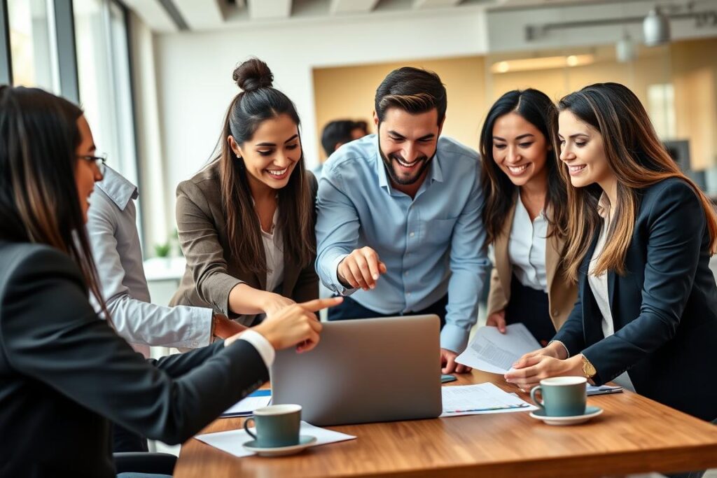Business team evaluating cloud-based business phone system options on a laptop Business team evaluating cloud-based business phone system options on a laptop