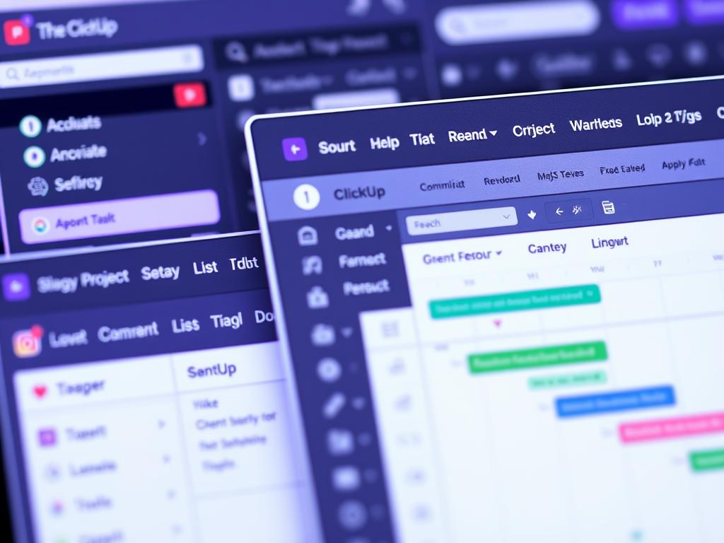 ClickUp interface showing multiple project views and extensive customization options ClickUp interface showing multiple project views and extensive customization options