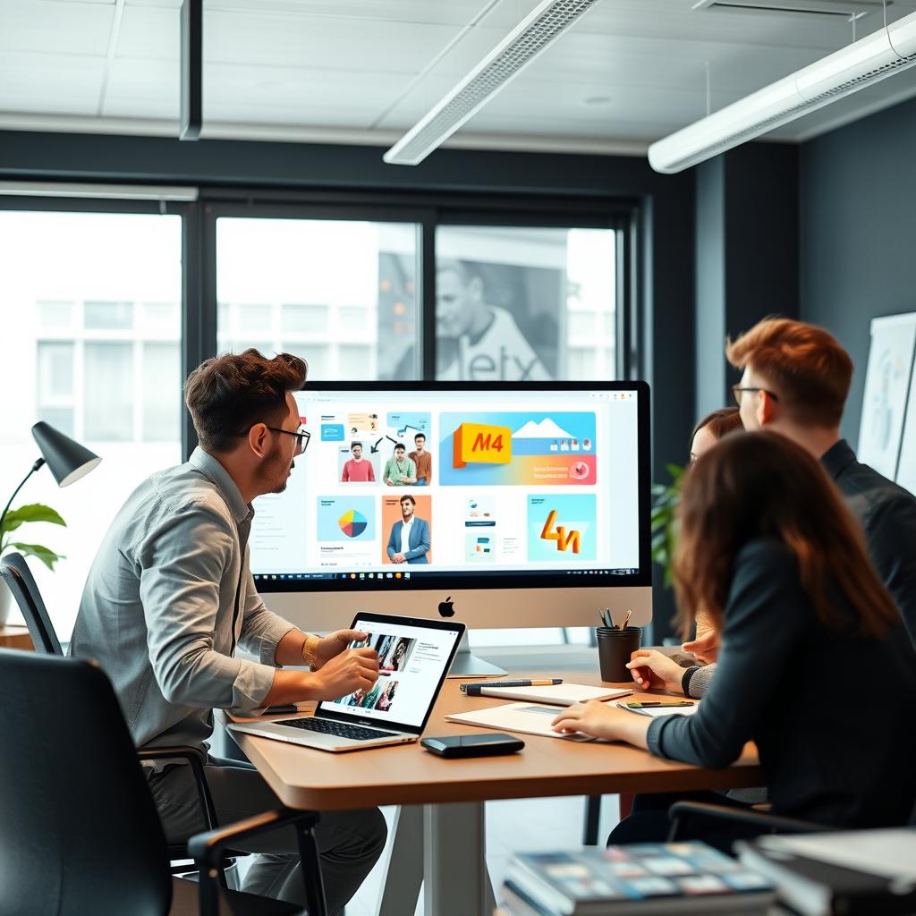 Creative team collaborating on project management software Creative team collaborating on project management software