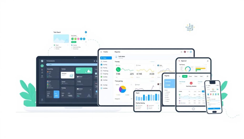 Essential features of project management tools for remote teams displayed on multiple devices Essential features of project management tools for remote teams displayed on multiple devices