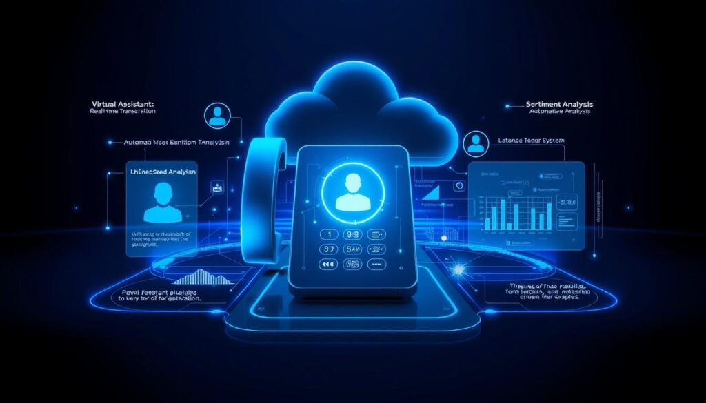 Futuristic visualization of AI-powered cloud-based business phone system with virtual assistant Futuristic visualization of AI-powered cloud-based business phone system with virtual assistant