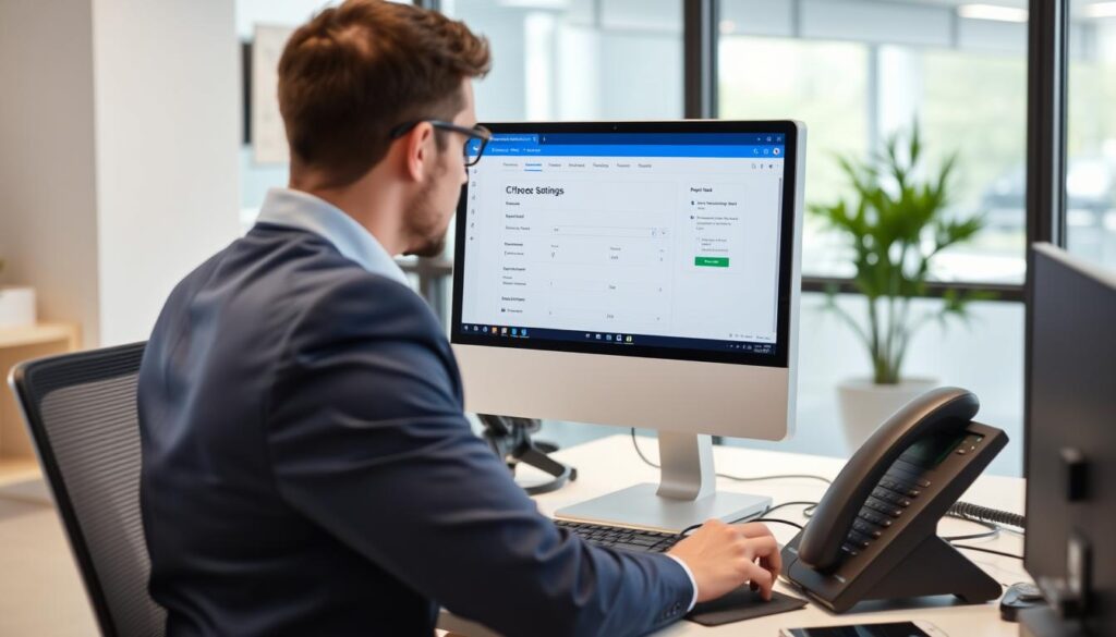 IT manager setting up a cloud-based business phone system on a computer IT manager setting up a cloud-based business phone system on a computer