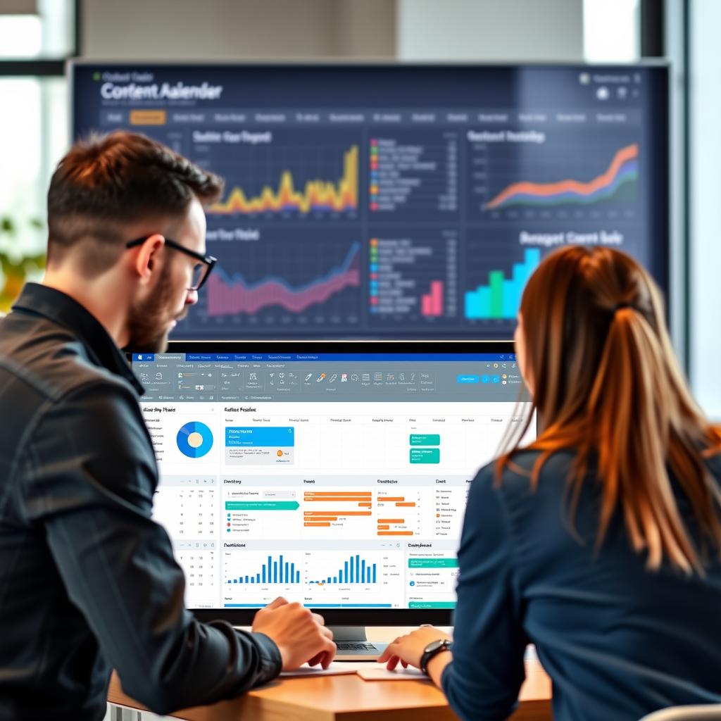 Marketing team reviewing campaign metrics in project management software Marketing team reviewing campaign metrics in project management software