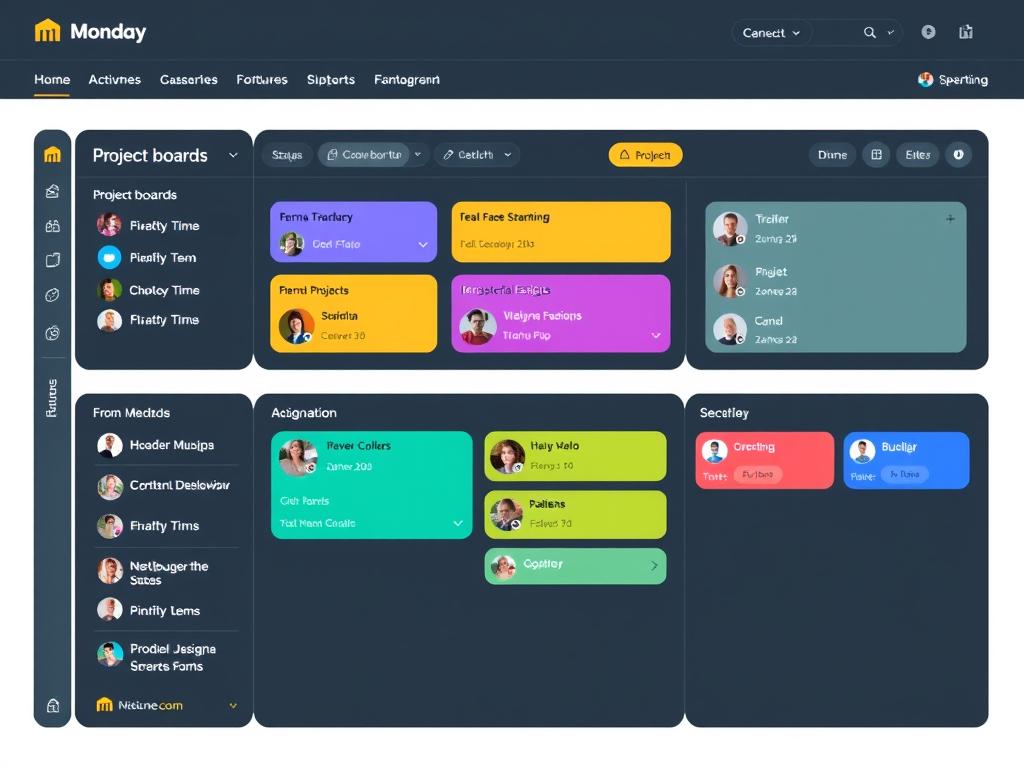 Monday.com interface showing colorful project boards and status updates Monday.com interface showing colorful project boards and status updates