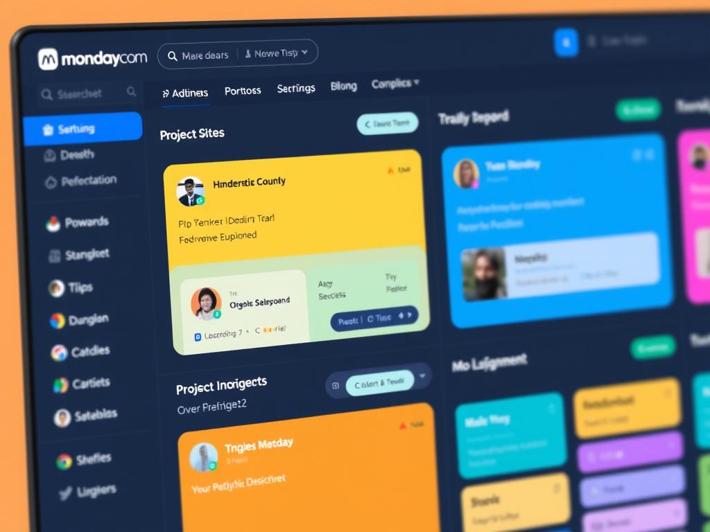 Monday.com interface showing colorful project boards and team collaboration Monday.com interface showing colorful project boards and team collaboration