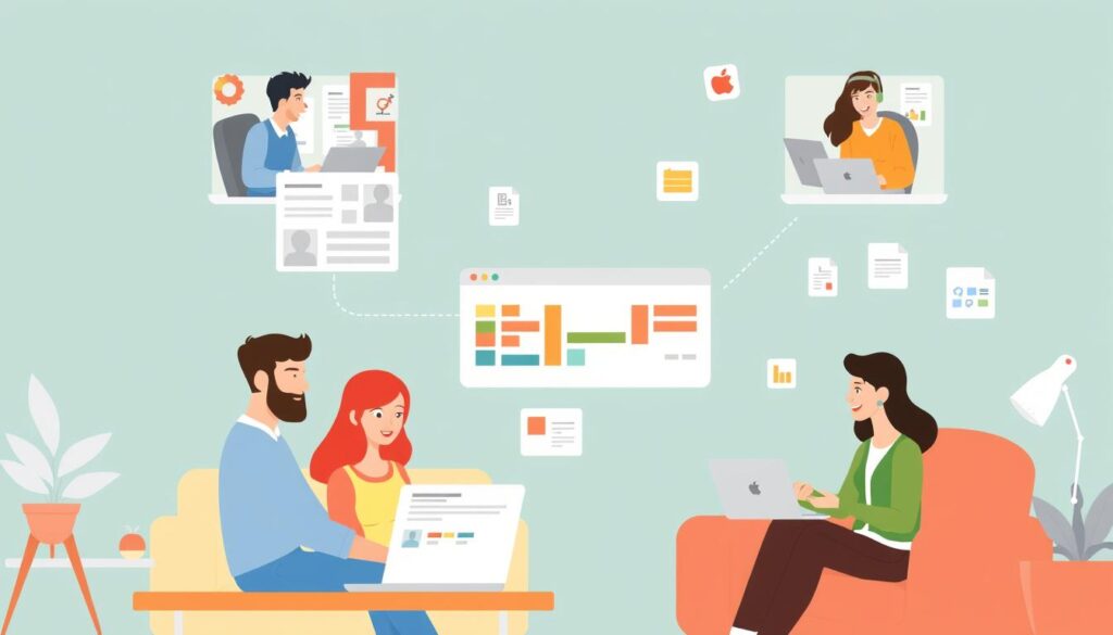 Remote team members collaborating on a project using various project management tools Remote team members collaborating on a project using various project management tools