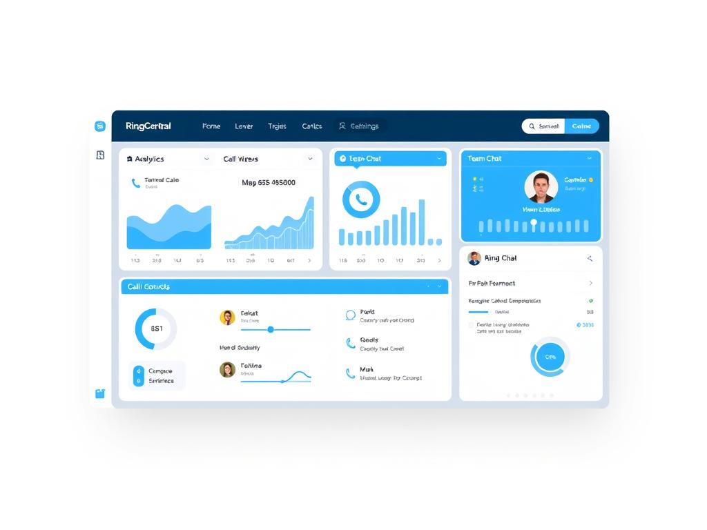 RingCentral cloud-based business phone system dashboard showing call analytics and team chat RingCentral cloud-based business phone system dashboard showing call analytics and team chat