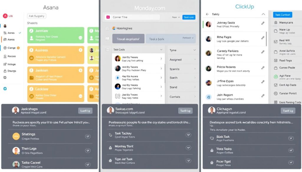 Task management interface comparison between Asana, Monday.com and ClickUp Task management interface comparison between Asana, Monday.com and ClickUp