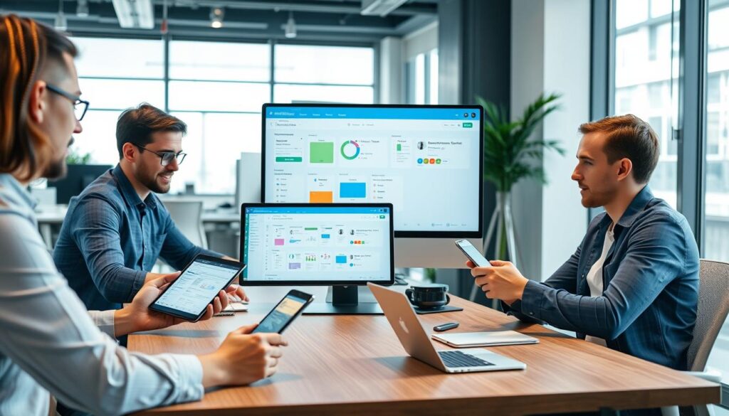 Team members collaborating using project management software on multiple devices Team members collaborating using project management software on multiple devices