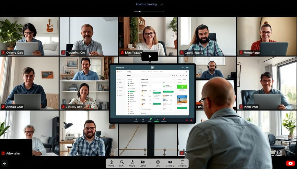 Zoom meeting with remote team members discussing project progress with screen sharing Zoom meeting with remote team members discussing project progress with screen sharing
