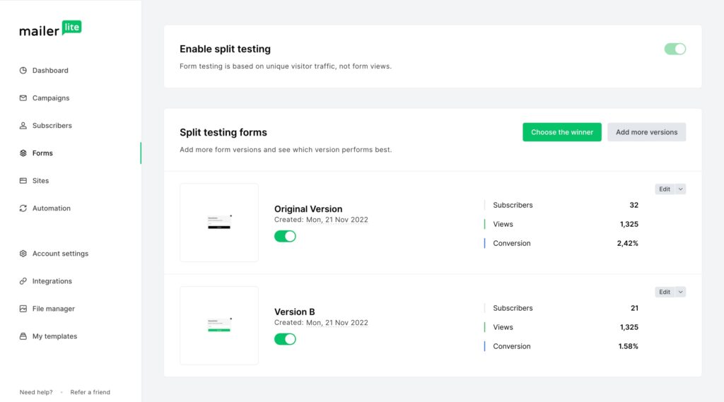 MailerLite Review: Affordable Email Marketing Without Compromise 6 ab test forms min